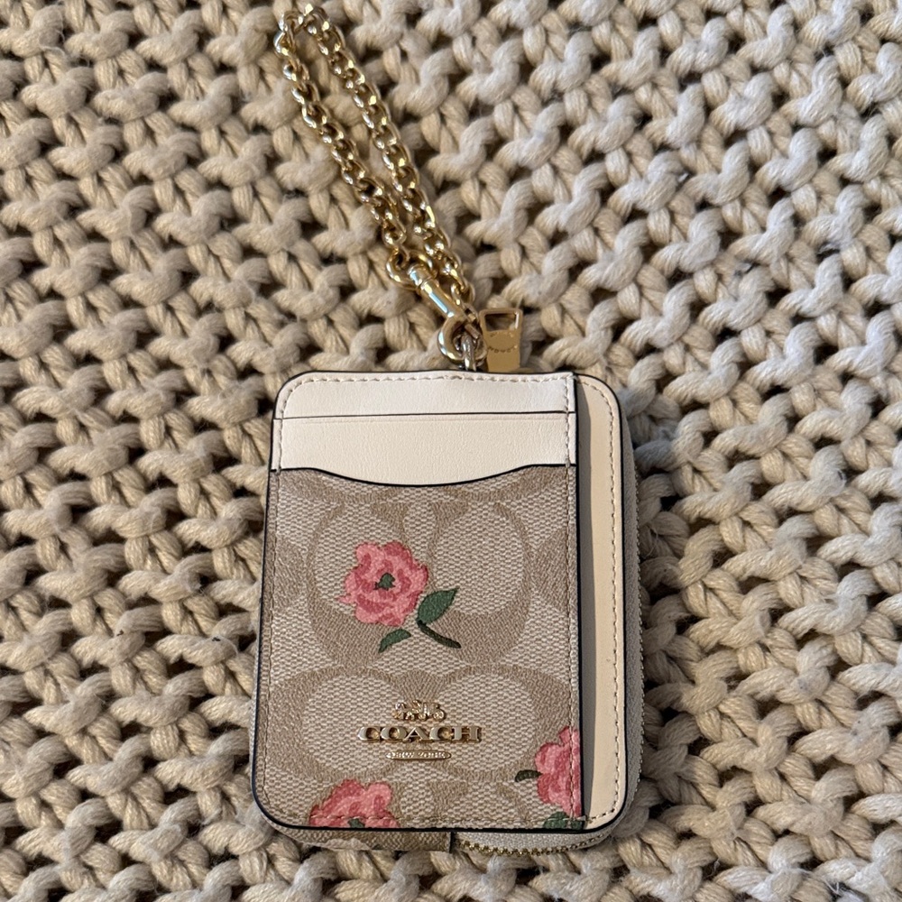 Coach Beige and Pink Floral Card Holder with Gold Chain